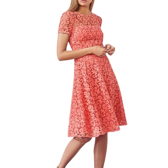 ST. JOHN Peach Pink Guipure Lace Short Sleeve Fit Flare Midi Dress Size 16 - Picture 1 of 16